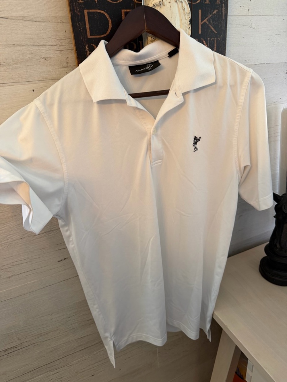 Ashworth White Polo Golf Tee with Small Embroidered Golfer Logo